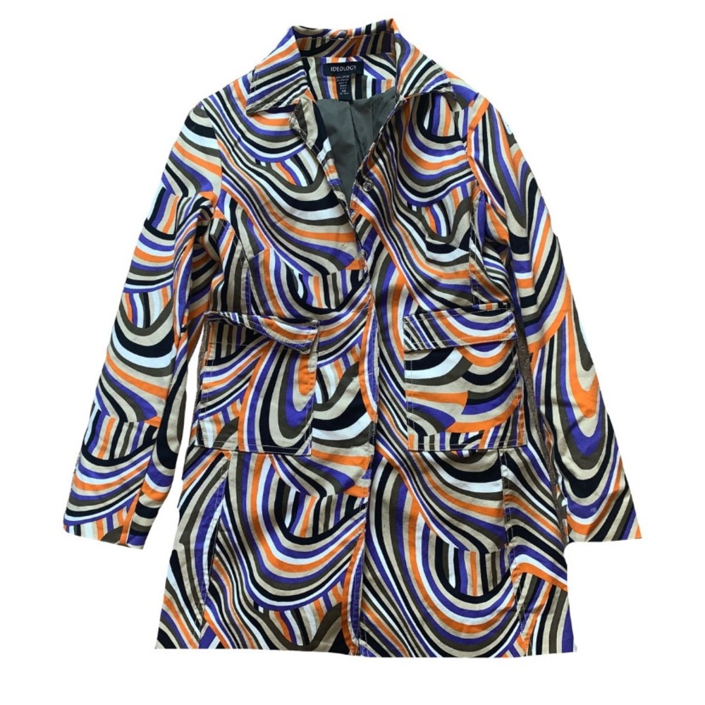 Ideology Trench Coat, purple, tan, orange swirl Psychedelic Snap Closure jacket